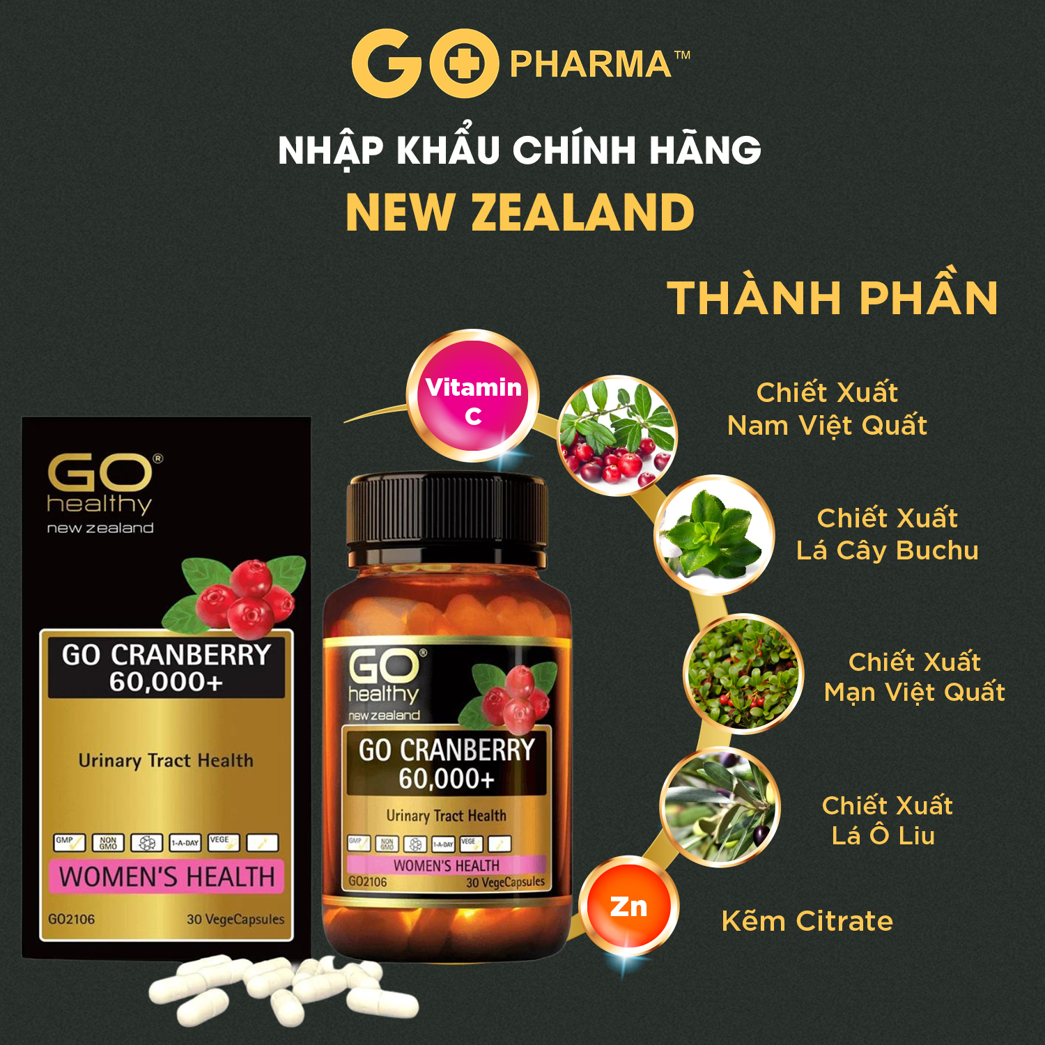 Viên uống viêm đường tiết niệu Go Cranberry nhập khẩu New Zealand - Go Healthy