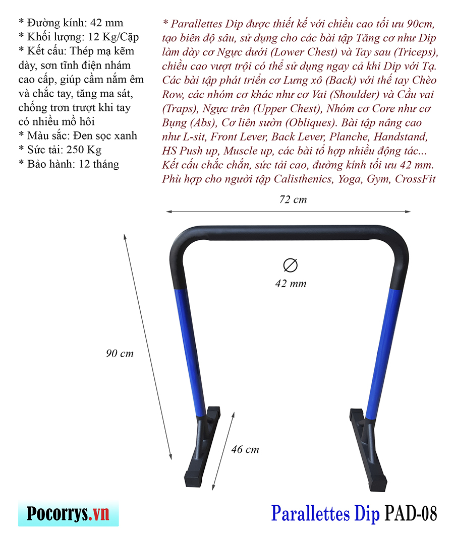 Xà kép Parallettes Dip cao 90cm, Pocorrys PAD-08, Màu đen xanh