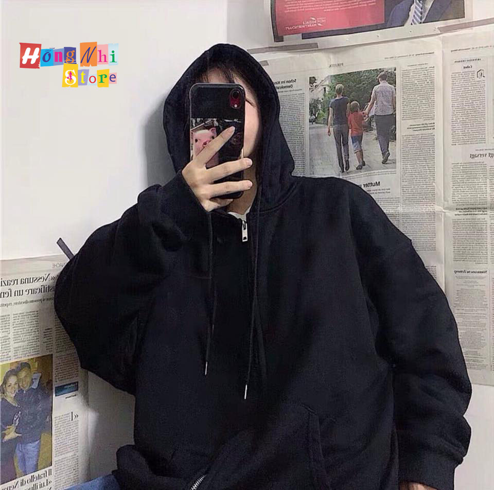 Áo Hoodie Zip Unisex Black - Khoác Hoodie Dây Kéo Dáng Rộng Màu Đen - MM