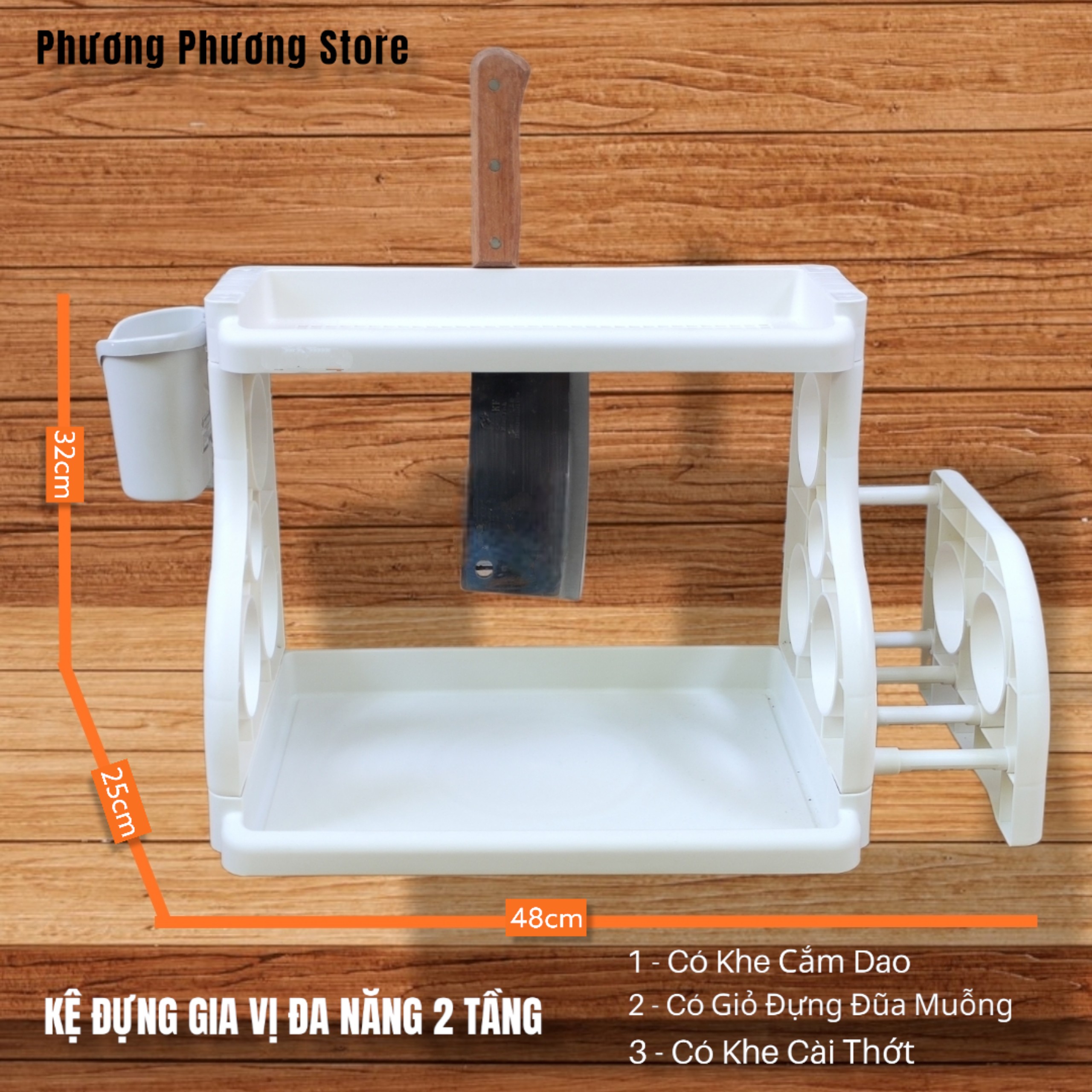 Kệ Gia Vị 2 Tầng Để Bàn Đa Năng Cao Cấp, Kệ nhà Bếp Có Khe cắm Dao Để Thớt Và Giỏ Đựng Đũa