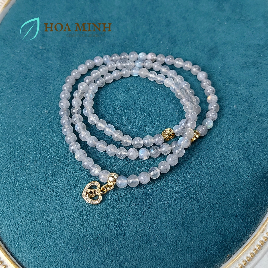 Vòng tay chuỗi 108 hạt đá xà cừ Labradorite Hắc Nguyệt Quang tự nhiên phối charm kim tiền, trái tim ổ khóa đính đá
