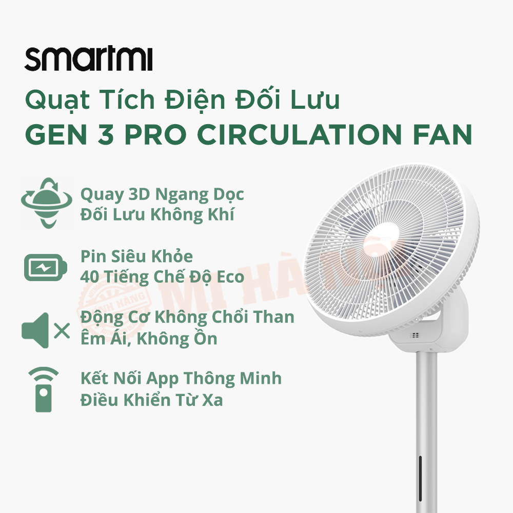 Quạt tích điện đối lưu Smartmi Xiaomi Gen 3 PRO Circulation Fan – Xoay 3D ngang dọc, pin 40 giờ liên tục Hàng chính hãng