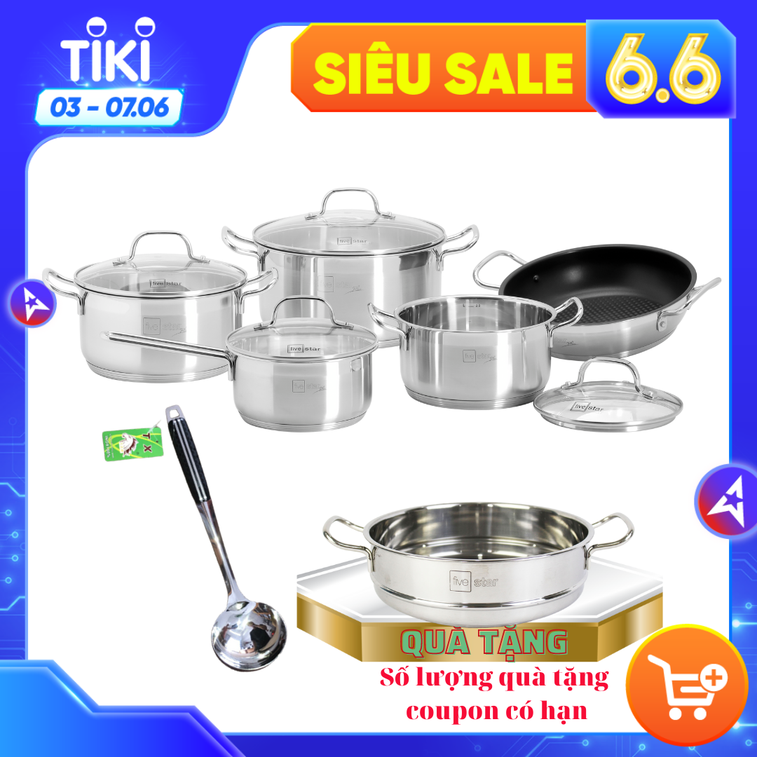 Bộ Nồi 5 Đáy Inox 304 Cao Cấp Bếp Từ Fivestar Plush FPB55D001 Nắp Kính , bảo hành 25 năm , tặng 1 vá canh