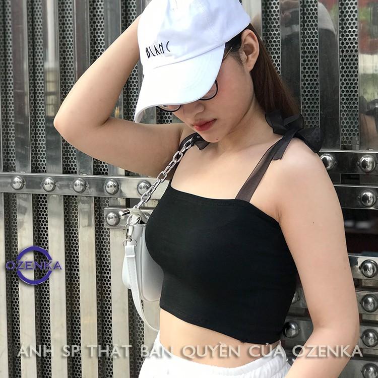 Áo croptop trên phối dây voan , áo hai dây kiểu thắt nơ ruy băng thun gân mịn mát hai dây điều chỉnh được 155