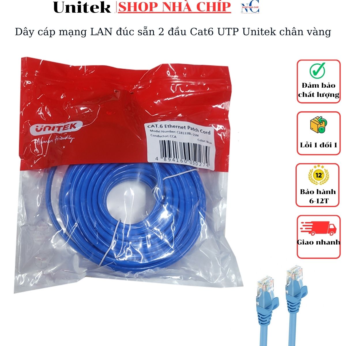 Dây cáp mạng LAN đúc sẵn 2 đầu Cat6 UTP Unitek chân vàng - Hàng chính hãng