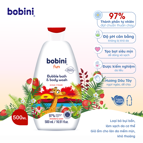 Gel tắm trẻ em tạo bọt Bobini Fun mềm mịn hương dâu tây 1+ tuổi 500ML