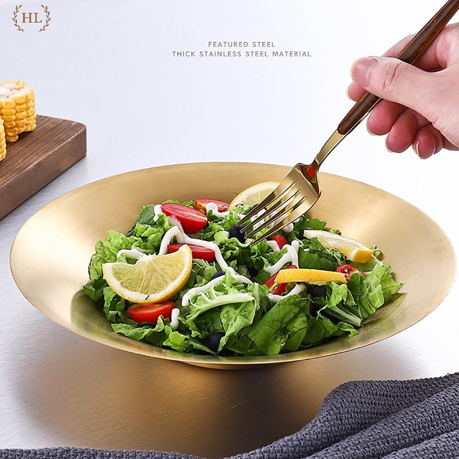 Đĩa Inox vàng không ăn mòn sâu chuyên dụng ăn salat , mỳ ý , đồ ăn vặt....2022 | ĐĨA SÂU INOX 304 VÀNG ĐỒNG