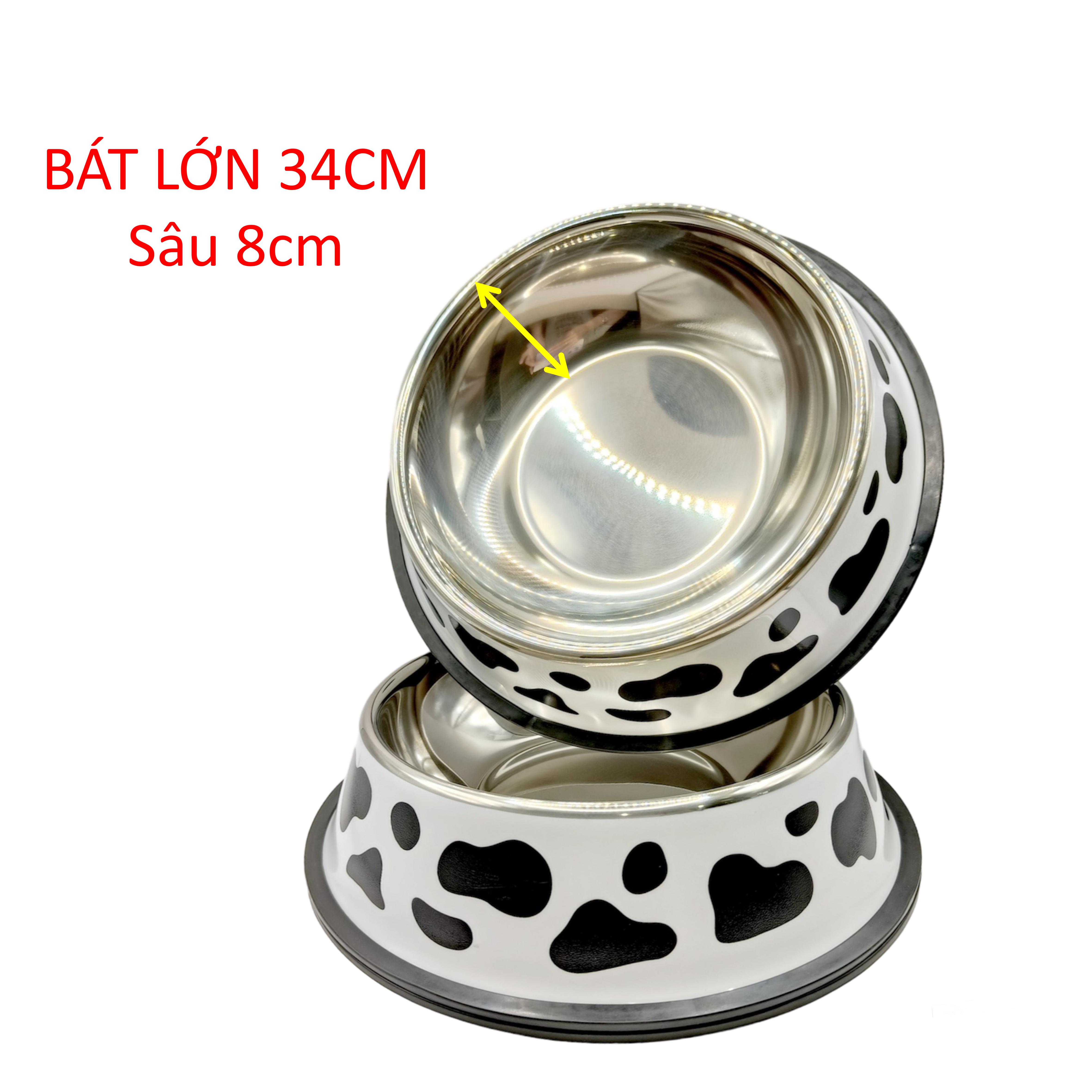 Bát ăn thú cưng, bát ăn chó mèo hình bò sữa, chất liệu inox an toàn sử dụng cho vật nuôi. Bát có 3 kích thước 18cm, 26cm, 34cm. Bát ăn size lớn 34cm