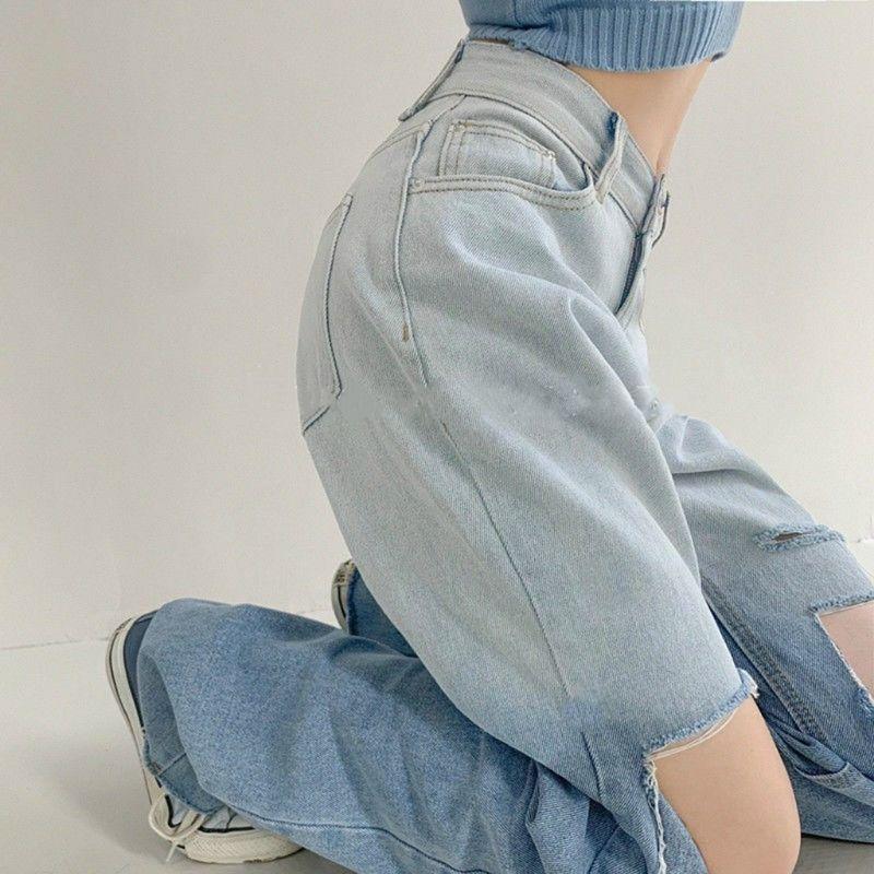 Quần Jean nữ , Baggy ống rộng Ulzzang lưng cao phong cách Retro Jean loang màu, rách gối
