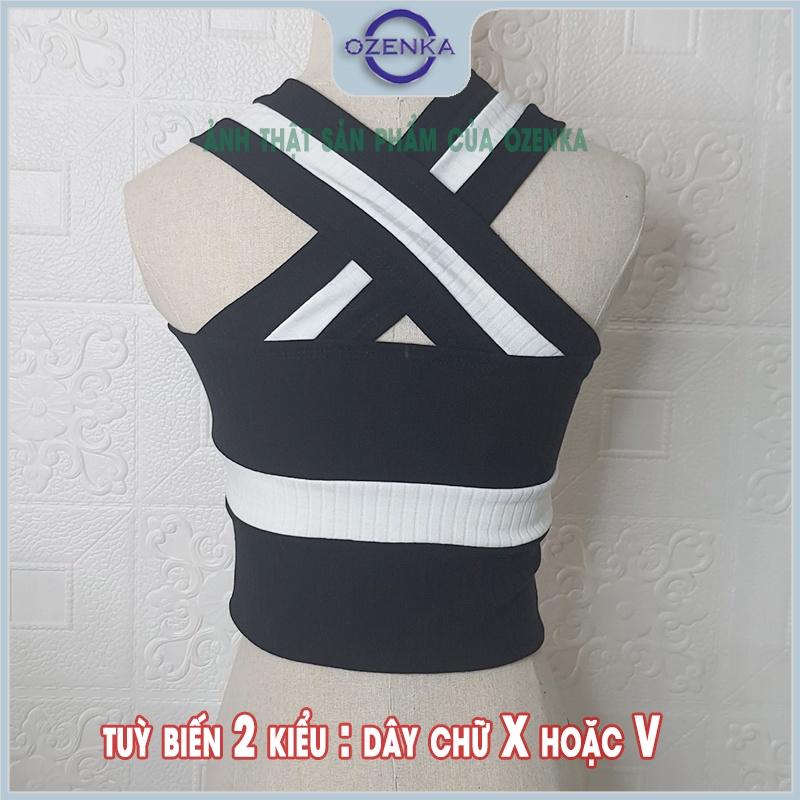 Áo croptop sát nách cổ chữ V kẻ sọc phong cách âu mỹ dệt kim OZENKA hai dây bản to vải gân 100% cotton mềm mịn