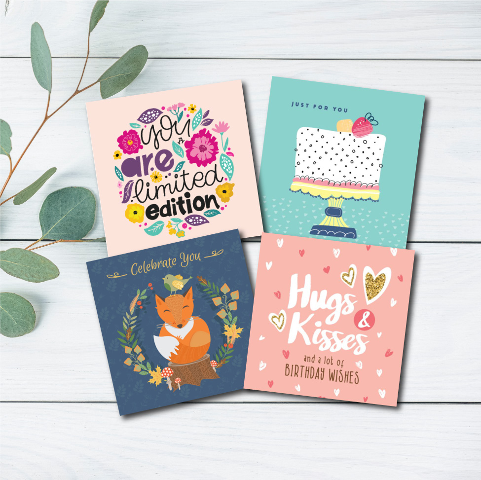 Combo 4c thiệp sinh nhật Birthday - Thiệp Grey 9x9cm