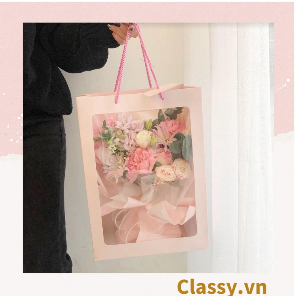Túi giấy Classy hồng trong suốt kích thước 25x15x35CM dùng làm quà tặng đựng hoa, đựng gấu bông Q1404