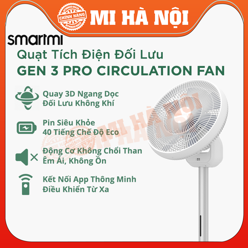 Quạt tích điện đối lưu Smartmi Xiaomi Gen 3 PRO Circulation Fan – Xoay 3D ngang dọc, pin 40 giờ liên tục Hàng chính hãng