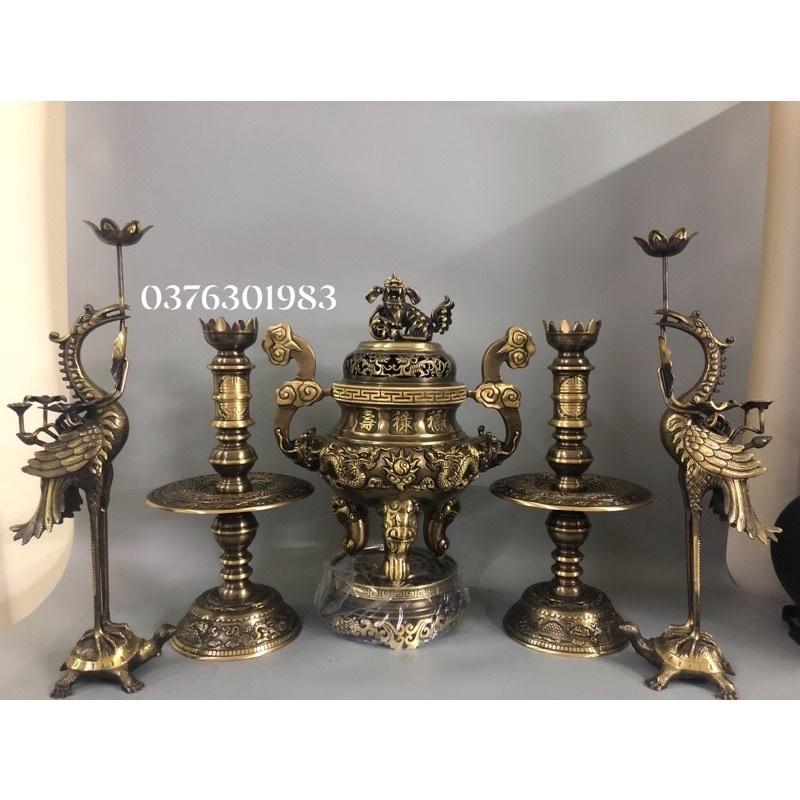 Bộ đỉnh đồng song long chầu nguyệt hàng đúc thủ công cao 55 cm , bộ nến hạc cao 55cm