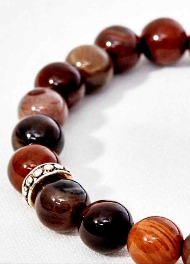 Vòng Tay Gỗ Hóa Thạch Charm Bạc Thái - Thổ Kim