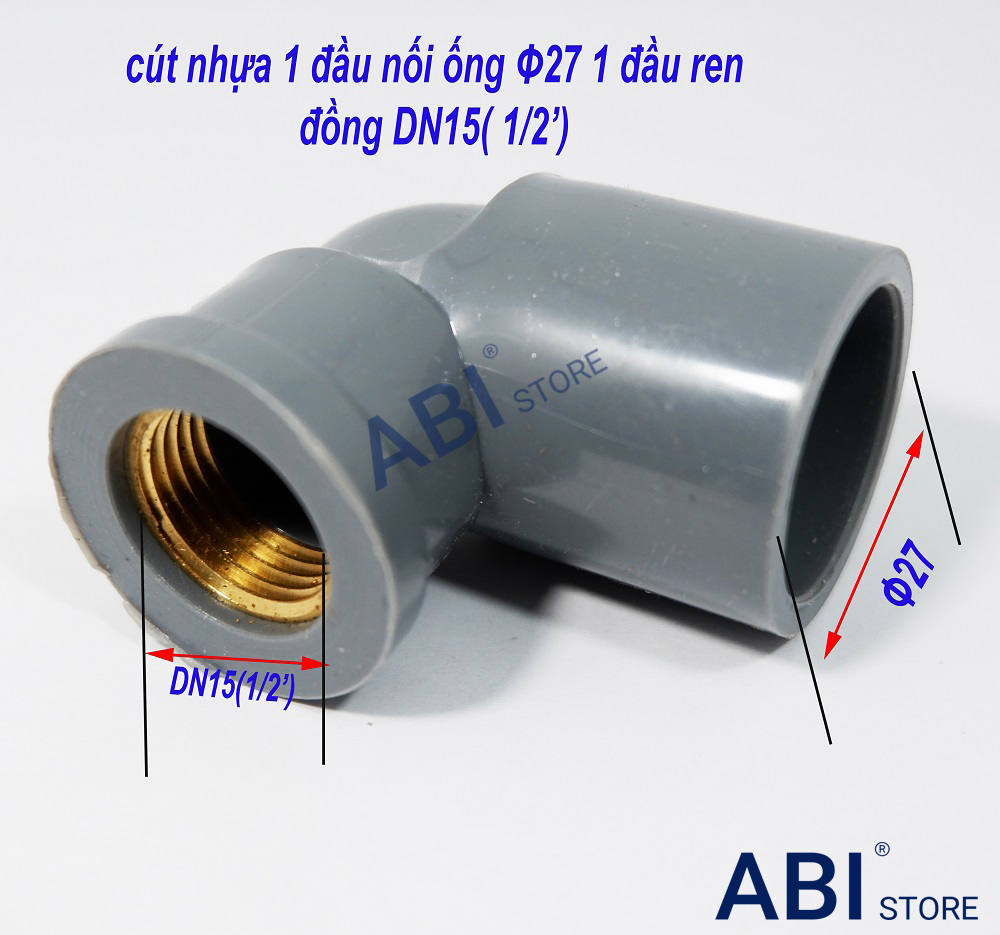 Cút nhựa góc, co góc răng ren trong đồng 27 - 1/2'', 21 - 1/2'', 27 - 3/4