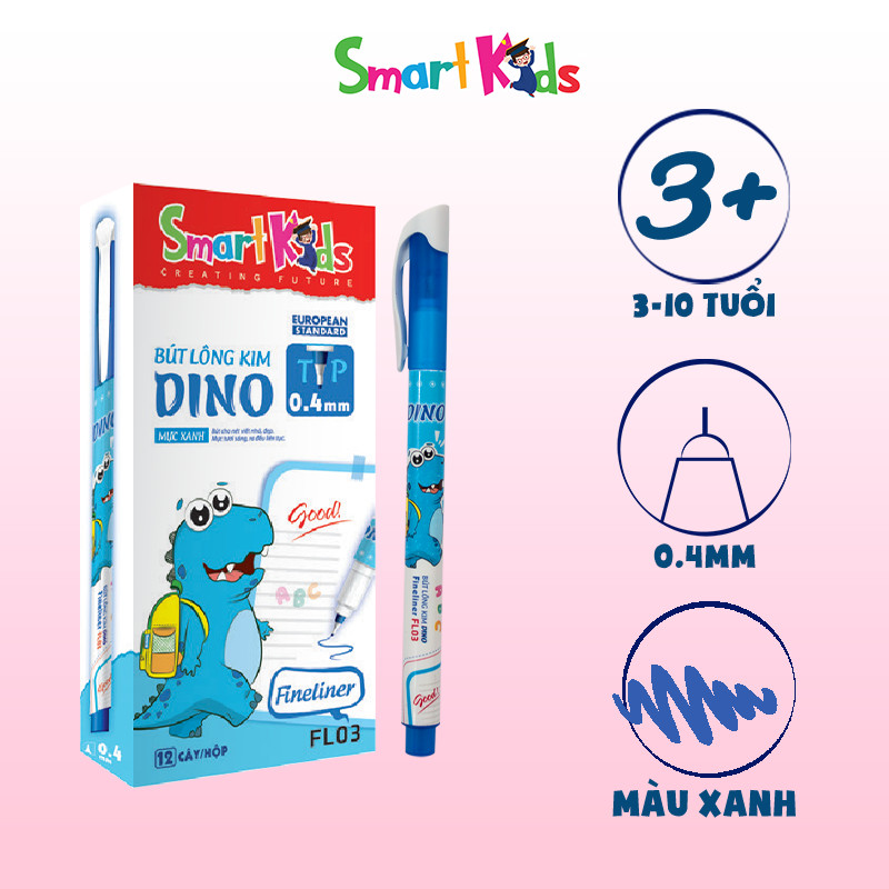 Combo 6 bút lông kim Smartkids Dino mực xanh (0.4mm) FL03