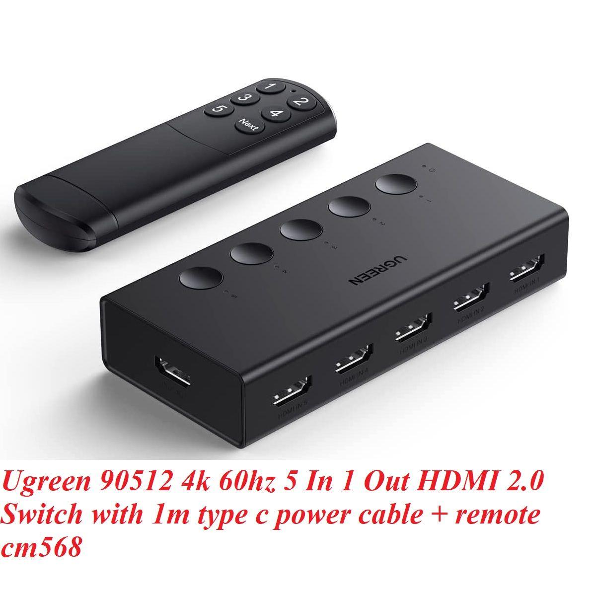 Ugreen UG90512CM568TK 4K60Hz Bộ gộp HDMI 2.0 5 vào 1 ra kèm cáp cấp nguồn USB-C dài 1M + remote - HÀNG CHÍNH HÃNG