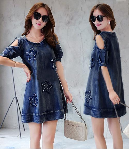 Đầm Jean Nữ Đính Hạt Thêu Ngôi Sao Thời Trang