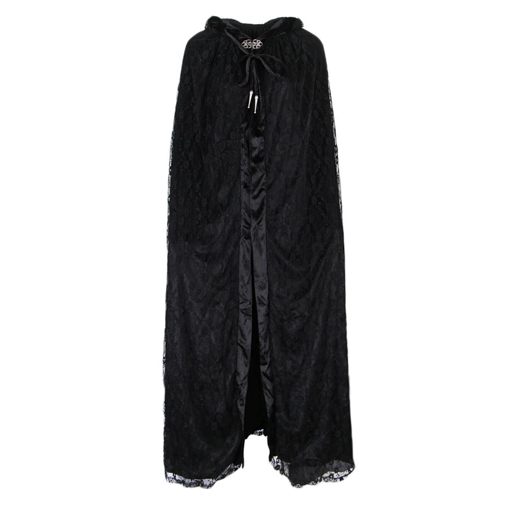 Gothic Vinatge Black Lace Witch Cape Cloak Hooded Fancy Dress Party Costume