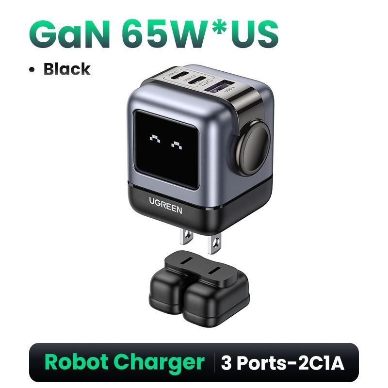 Ugreen UG15579CD361TK 65W 2c1a RG robotGaN with LCD bộ sạc Nexode robot chuẩn PD GaN chuẩn cắm điện CN 3 chân cắm xéo dẹp RoboGaN màu xám đen 2 cổng usb type c và 1A - HÀNG CHÍNH HÃNG