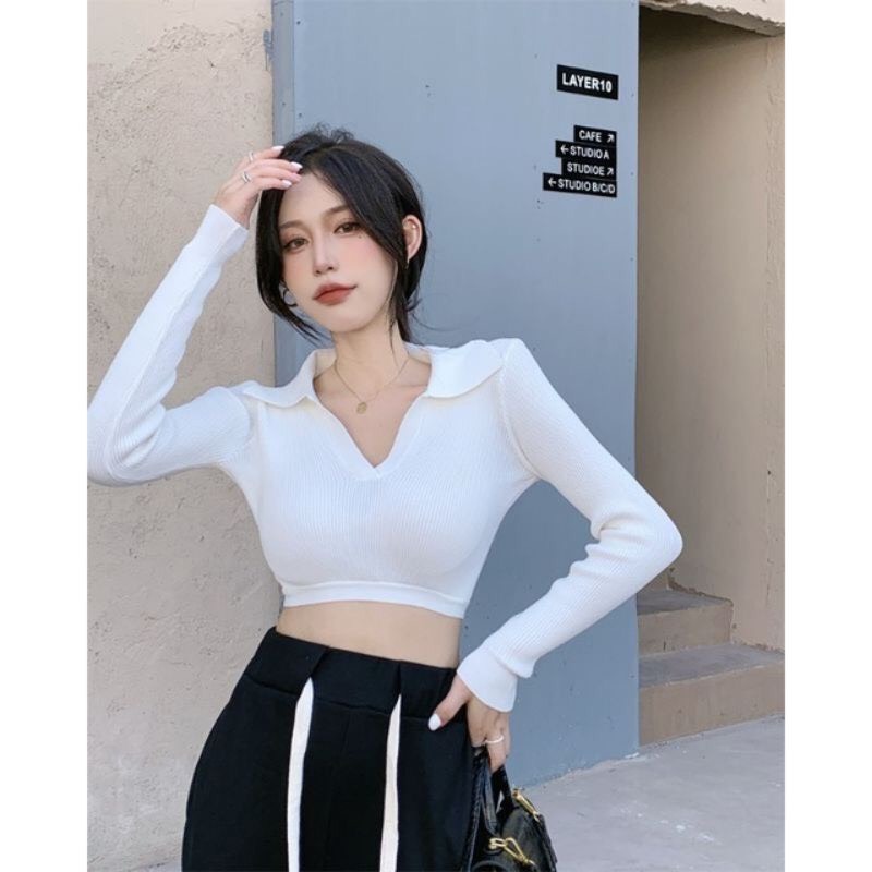 Áo Thun Cổ Bẻ V Dài Tay Dáng Croptop Buộc Nơ Sau