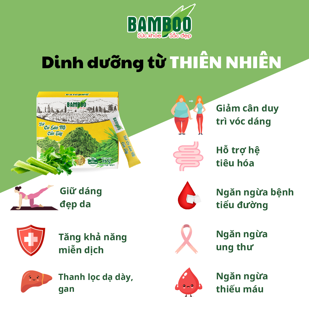 Bột cỏ lúa mì cần tây Bamboo hỗ trợ giảm cân hiệu quả, tăng cường sức khỏe