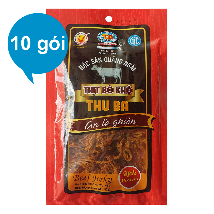 Combo 10 Gói Bò Khô Thu Ba (50g) - Tặng 1 Gói Bò Khô Thu Ba 35g