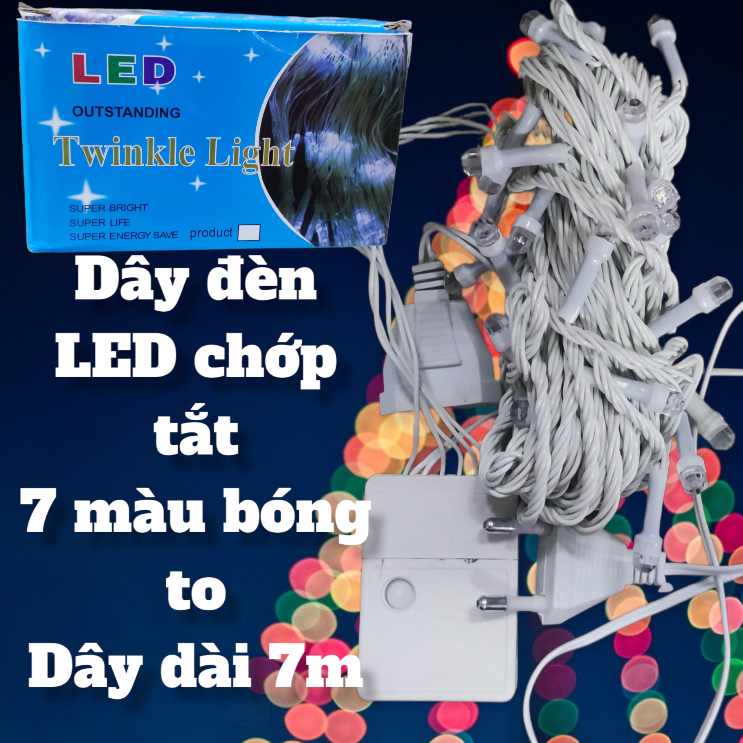 Dây đèn LED 7 màu chớp tắt - Bóng to - Dây dài 7M - Hàng Việt Nam