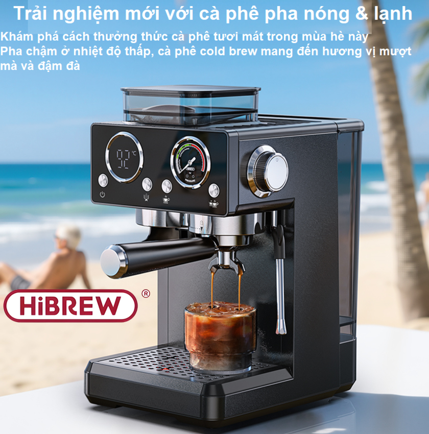 Máy pha và xay cà phê bán tự động 3 trong 1 Espresso, Cappuccino, Latte thương hiệu Mỹ cao cấp HiBREW H20 - Công suất 1500W 20bar - Hàng nhập khẩu