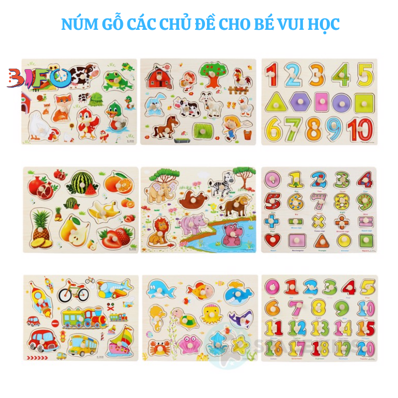 COMBO Bảng núm gỗ bảng chữ cái bảng chữ số động vật hình học nhiều chủ đề