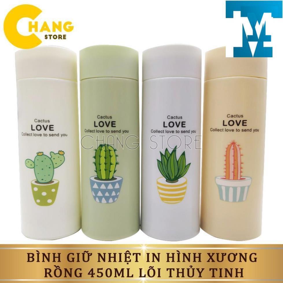 Bình Giữ Nhiệt Thủy Tinh Bọc Nhựa Lúa Mạch 450ml Họa Tiết Xương Rồng, Chống Va Đập, Có Dây Xách Tiện Dụng