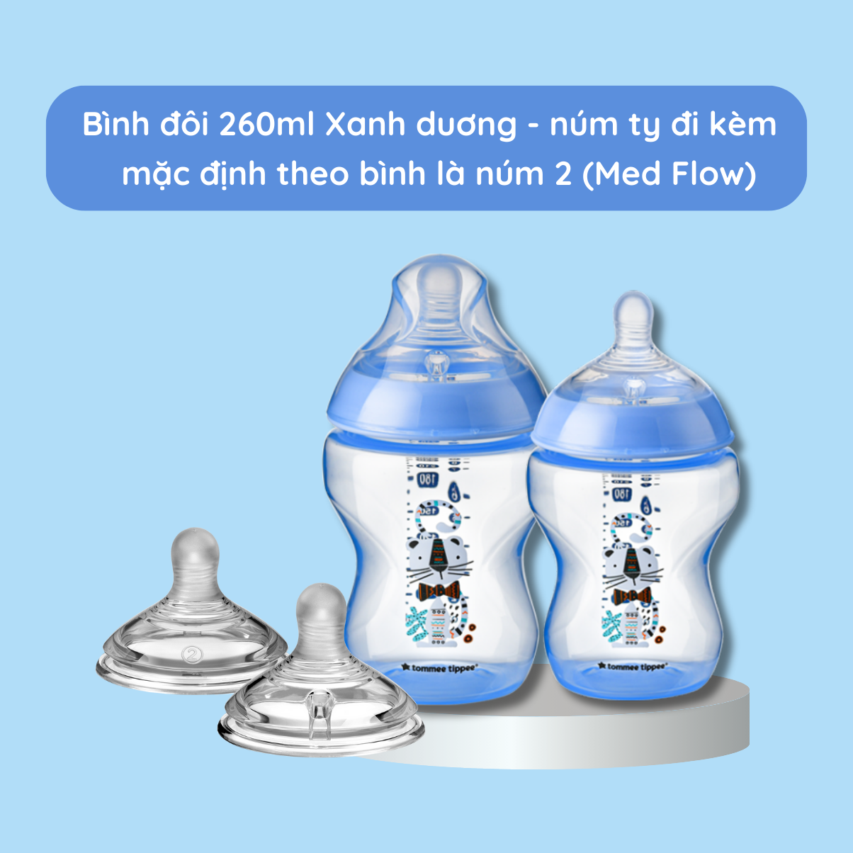 Bình Sữa Ty Siêu Mềm Tự Nhiên Tommee Tippee Closer To Nature 260ml, Núm Ty Của Bình 3-6 Tháng – Xanh Dương (Bình Đôi)