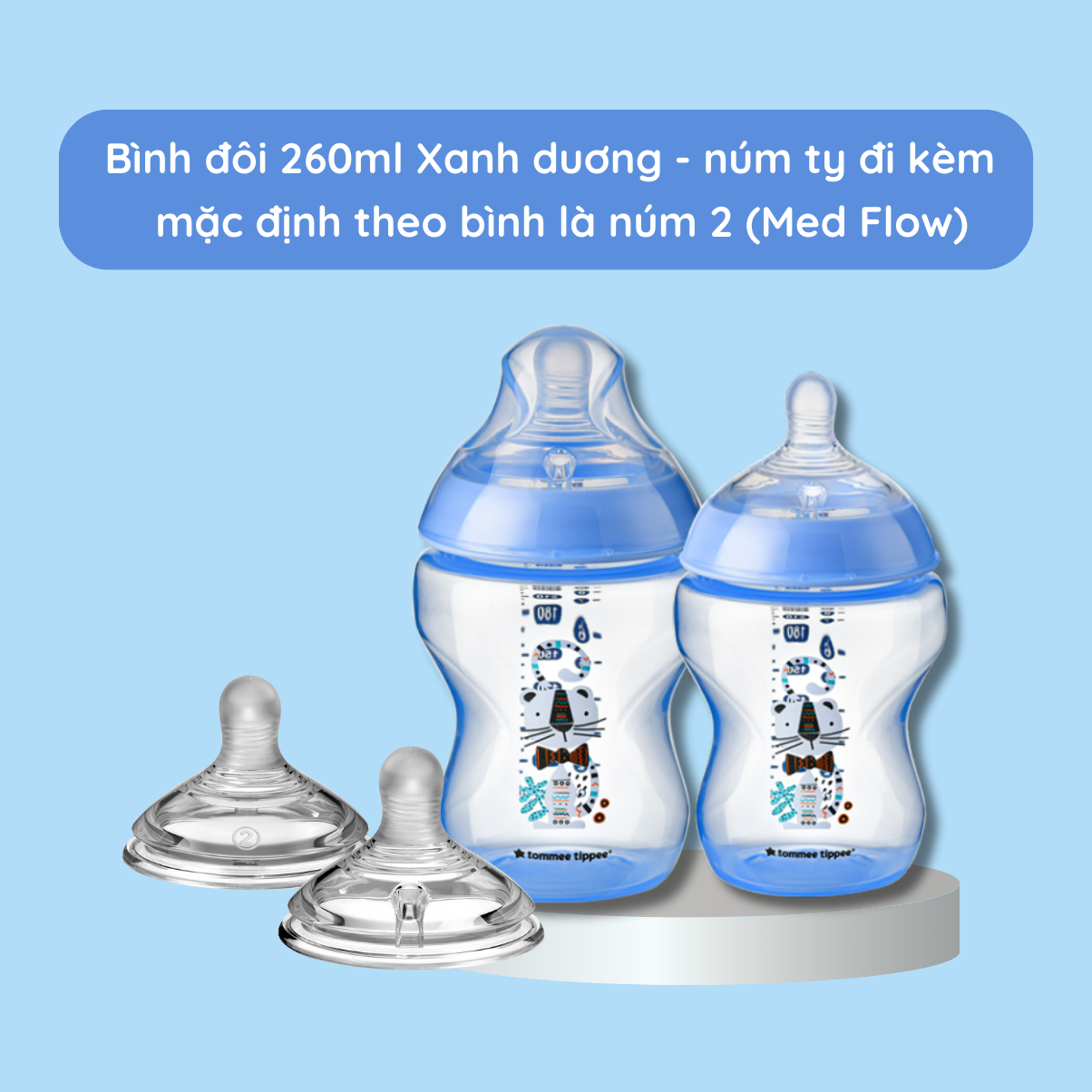 Bình sữa ty siêu mềm tự nhiên Tommee Tippee Closer to Nature 260ml, núm ty đi kèm 3-6 tháng – Xanh dương (Bình đôi)