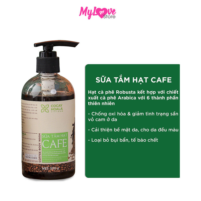 Sữa Tắm Hạt Cafe Khử Mùi Cơ Thể Cocayhoala Sáng Mịn Da - Dưỡng Ẩm - Tẩy Tế Bào Chết - Thư Giãn, Chai 300ml 