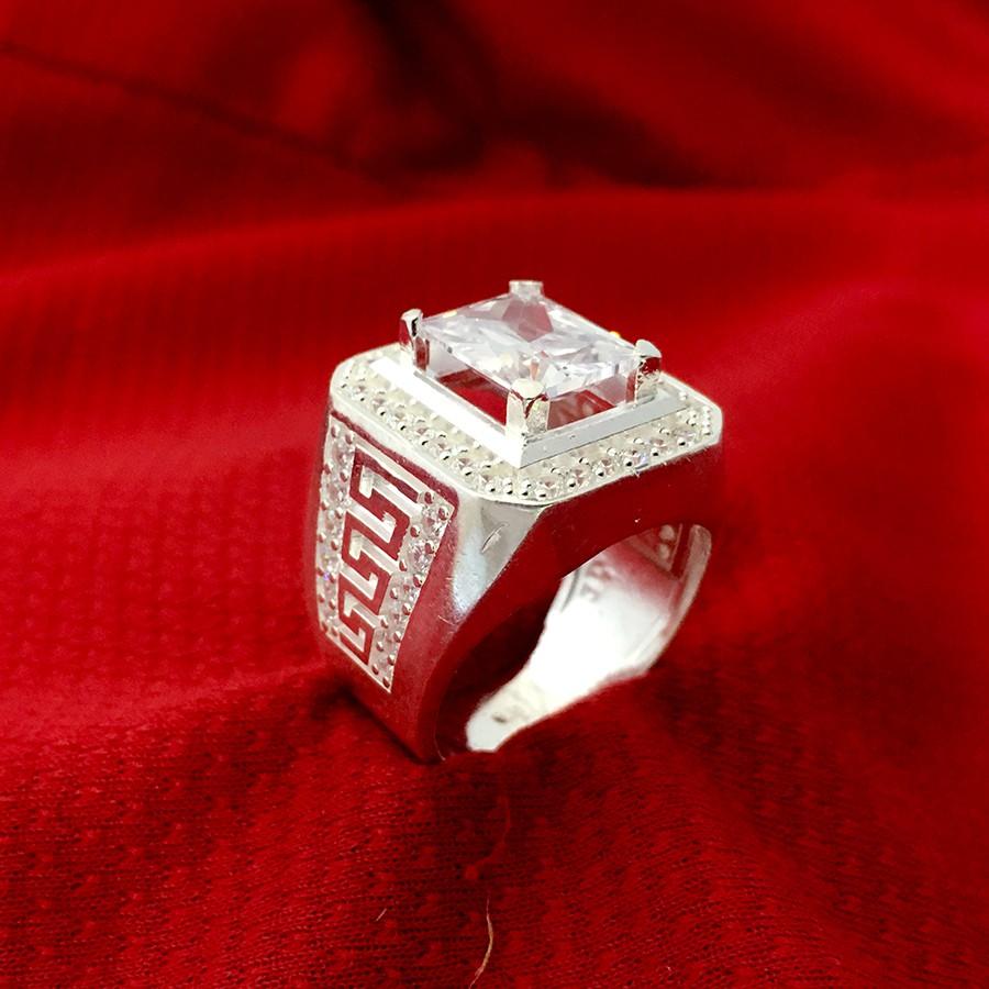 Nhẫn nam Bạc Quang Thản NA32 đá màu trắng hình chữ nhật 100% bạc ta cao cấp không xi mạ