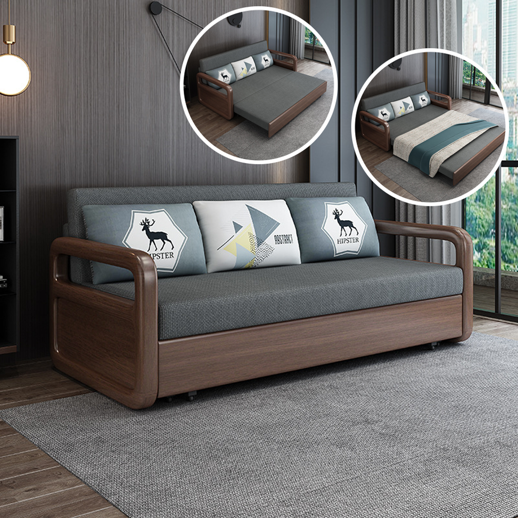 Ghế Sofa Giường Khung Sắt Tay Gỗ Kiểu Dáng Sang Trọng Cho Phòng Khách HGK-31, Có Tặng Kèm Bàn Sofa Chất Lượng Tốt