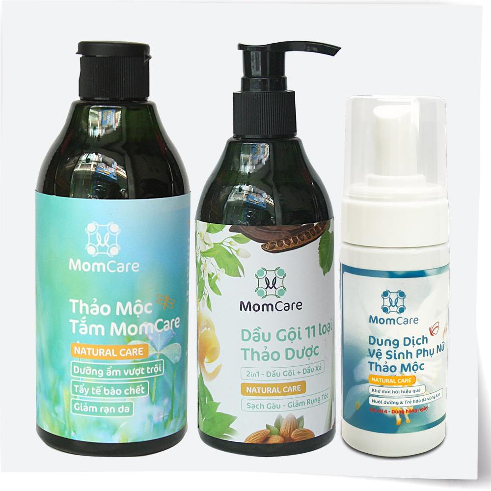 Combo SỮA TẮM THẢO MỘC MOMCARE siêu dưỡng ẩm, tẩy tế bào chết và DẦU GỘI 11 LOẠI THẢO DƯỢC MOMCARE giảm rụng tóc, giảm gầu ngứa tặng DUNG DỊCH VỆ SINH THẢO MỘC MOMCARE khử mùi hôi, nuôi dưỡng vùng kín