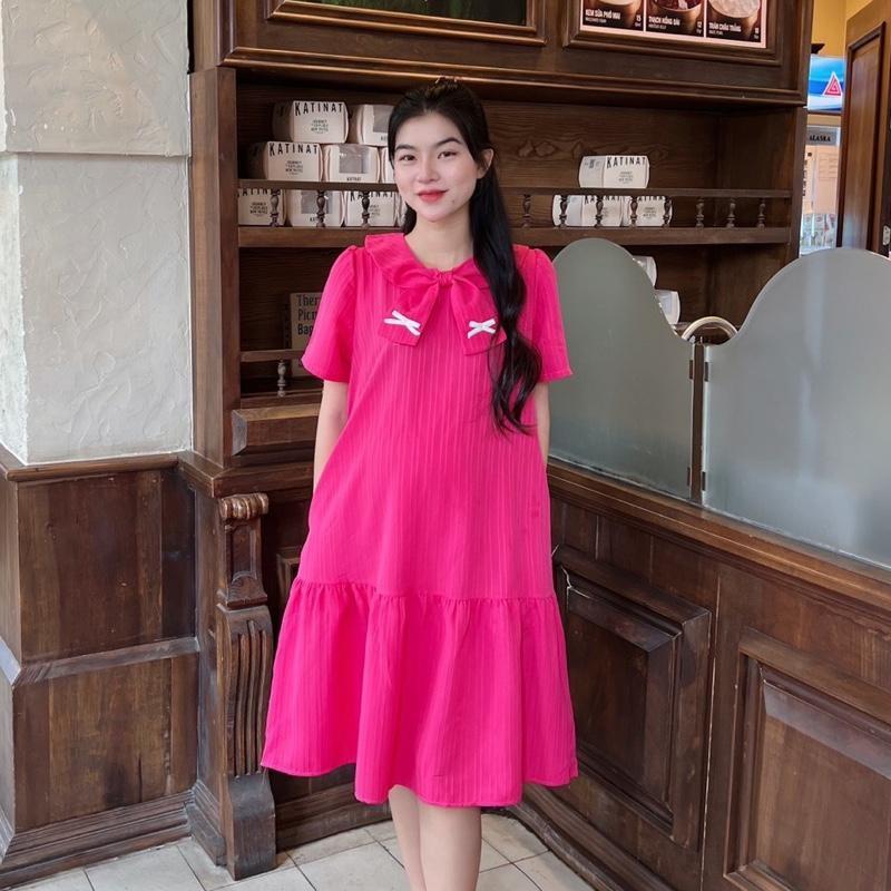 Đầm Bầu Phom Đuôi Cá Phối Cổ Thắt Nơ Chất Xốp Hàn, Nhẹ Mát, Dễ Chịu - Hồng
