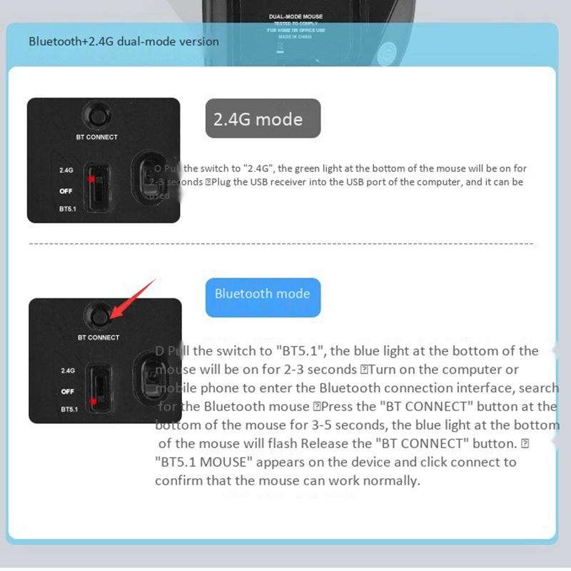 Bluetooth 2.4GHz Chuột, hai Chế Độ Chuyển Đổi 6 Nút USB Kết Nối Không Dây Chuột Với 500MAh Pin Chuột Cho Laptop