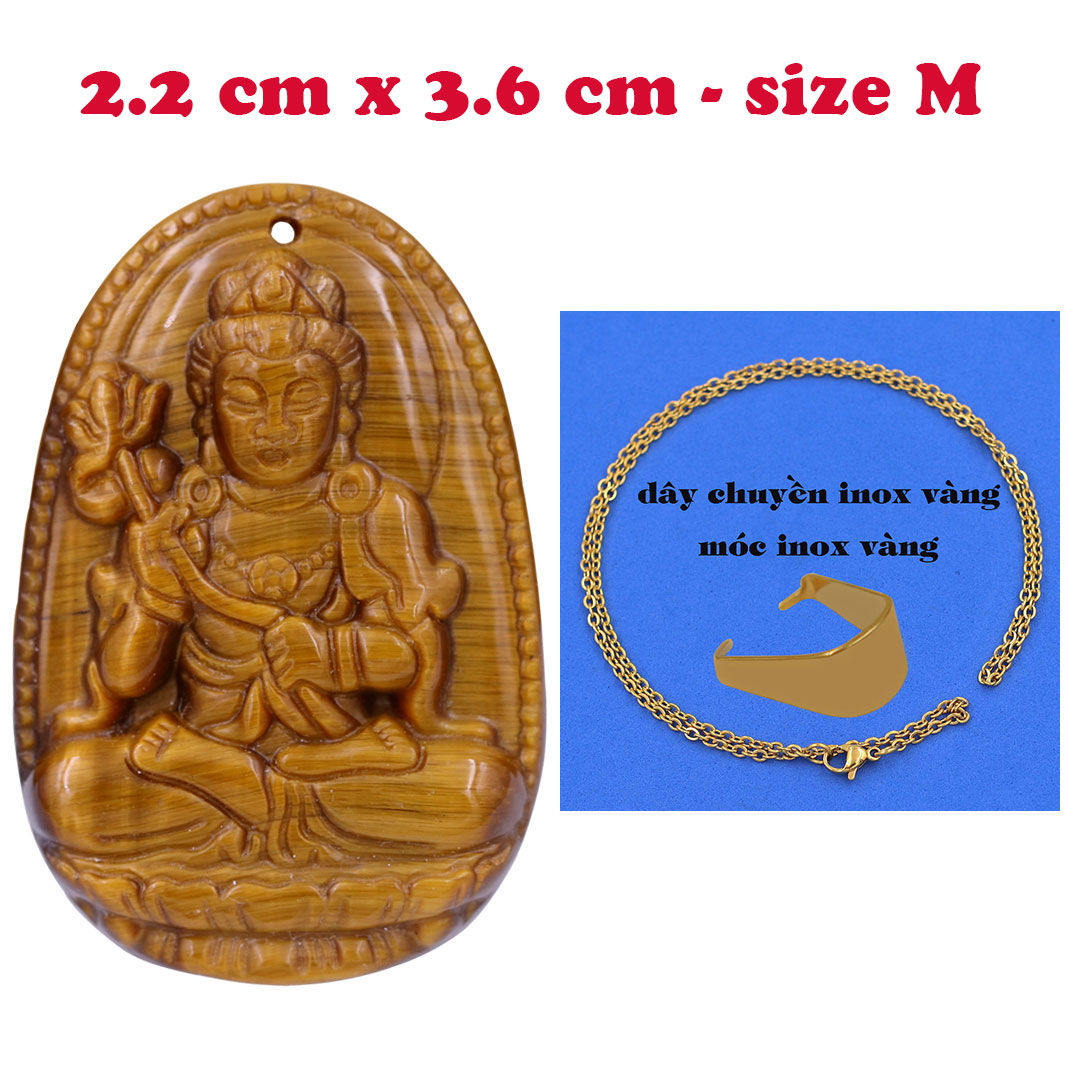 Mặt Phật Đại thế chí đá mắt hổ 3.6 cm kèm dây chuyền inox vàng - mặt dây chuyền size M, Mặt Phật bản mệnh