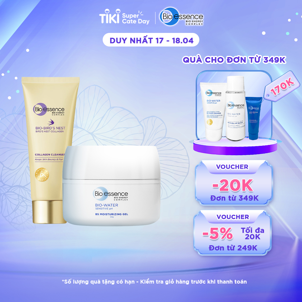 Combo Kem dưỡng cấp ẩm &amp; phục hồi Bio-essence Bio-water vitamin B5 cream 50ml và Sữa rửa mặt sạch sâu Bio-Bird's nest 100g