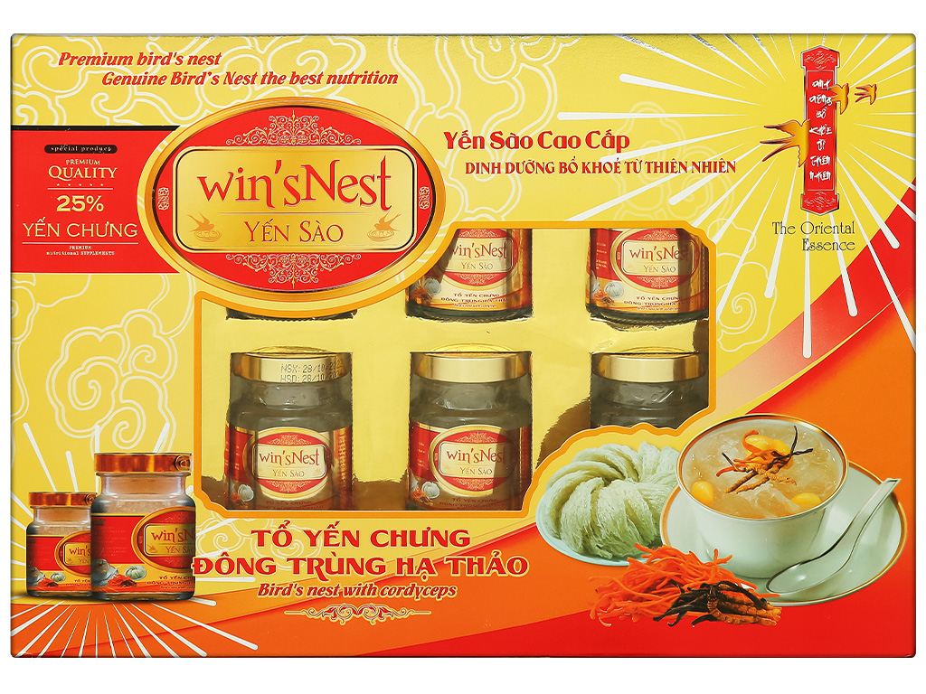 XUÂN 2025 - Yến Sào wins'Nest 25% tổ yến chưng đông trùng hạ thảo (6 Lọ x 70 ml / Hộp)