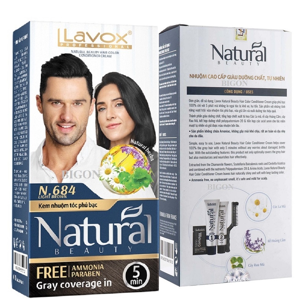 Kem Nhuộm Phủ Bạc Cao Cấp Siêu Dưỡng, Tự Nhiên Lavox N.684 - Light Brown