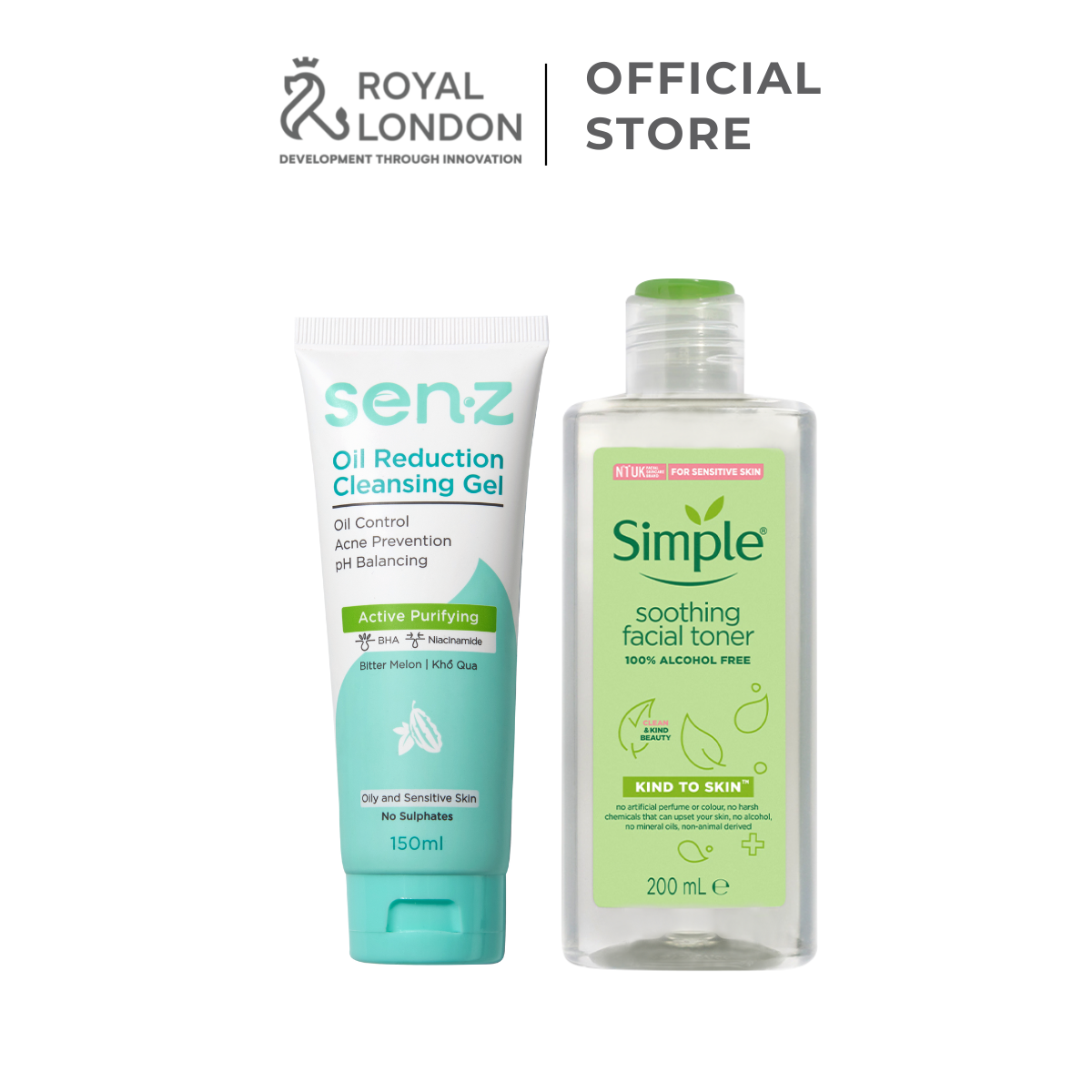 Combo Gel rửa mặt khổ qua SenZ 150ml + Nước hoa hồng toner Simple 200ml