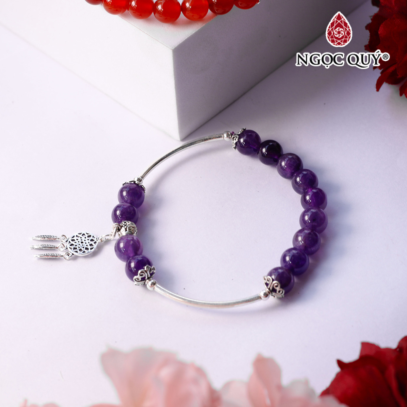 Vòng tay hạt đá thiên nhiên phối charm bạc dreamcatcher - Ngọc Quý