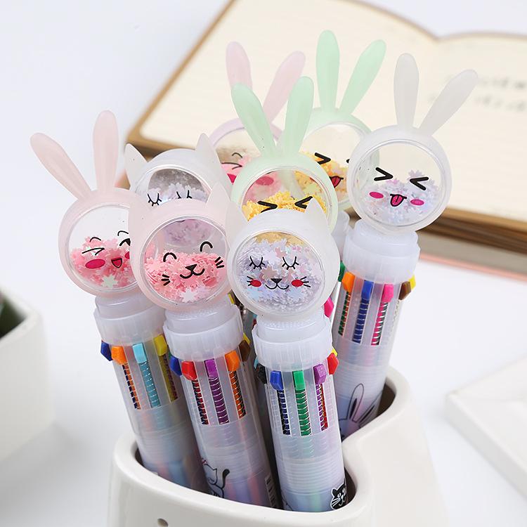 Bút bi bấm 10 màu nhũ chảy đầu hình thỏ xinh