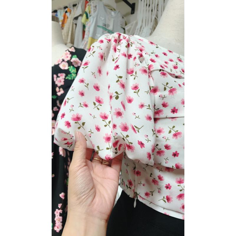 Áo croptop lụa hoa tay lồng đèn 2 lớp hàng thiết kế