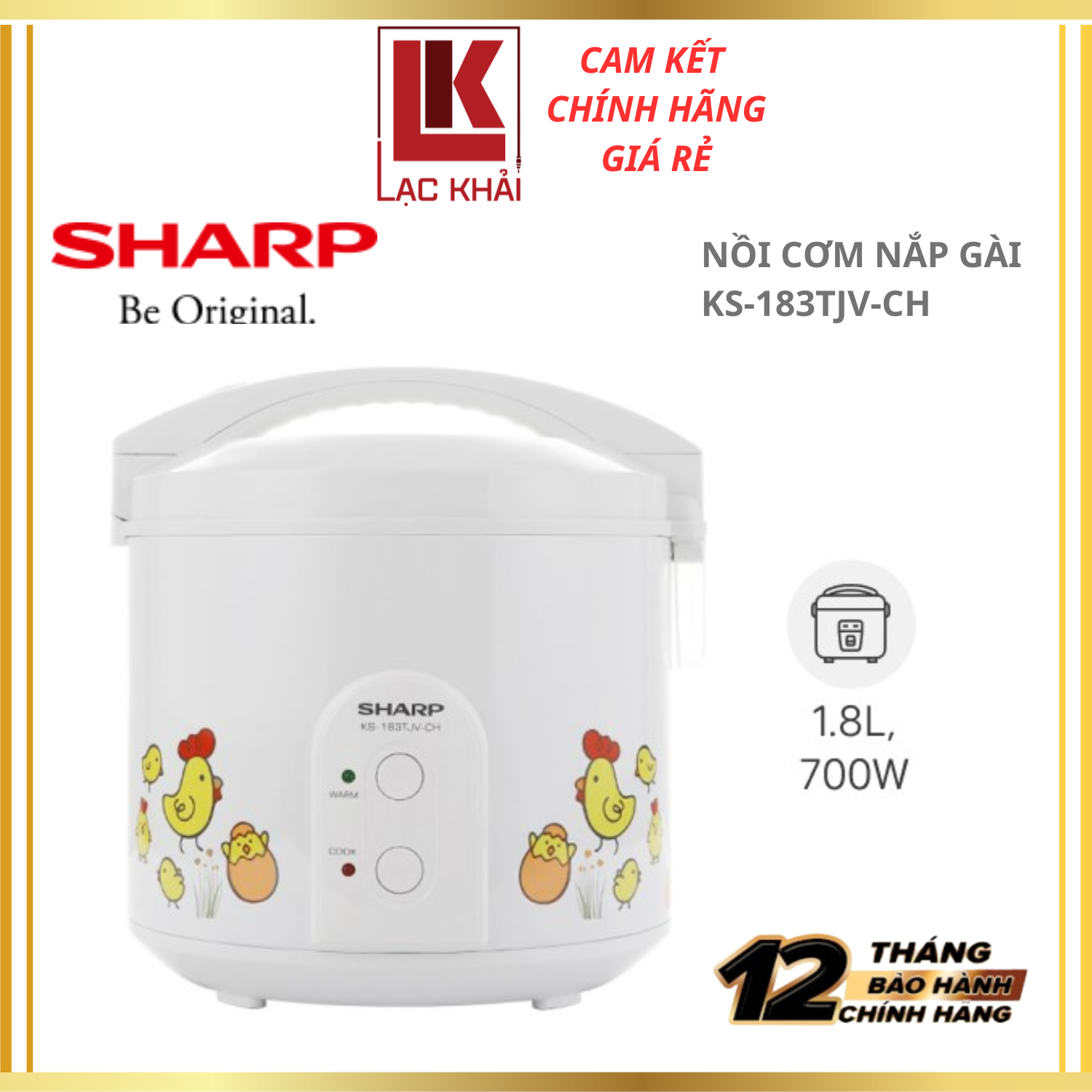 Nồi cơm nắp gài Sharp 1.8 lít KS-183TJV - Công nghệ nấu 3D, Công suất 700W - Hàng chính hãng - Bảo hành 12 tháng