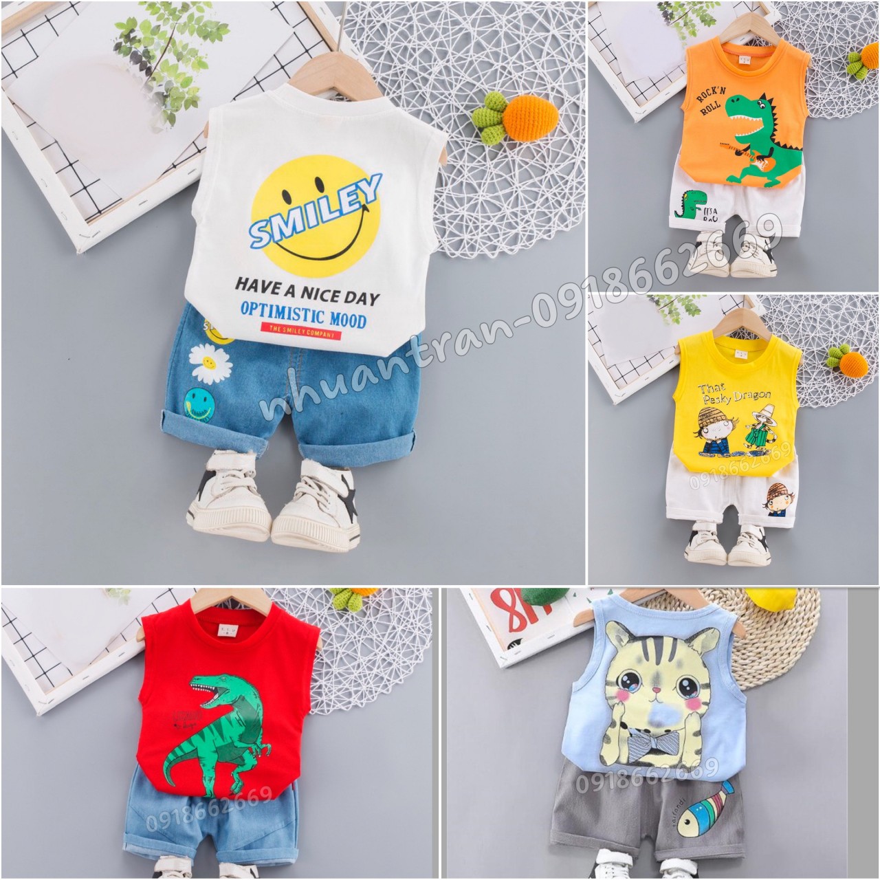 Bộ cộc hè bé trai, chất cotton4c kết hợp quần jean size 5-21kg ( set khủng long)